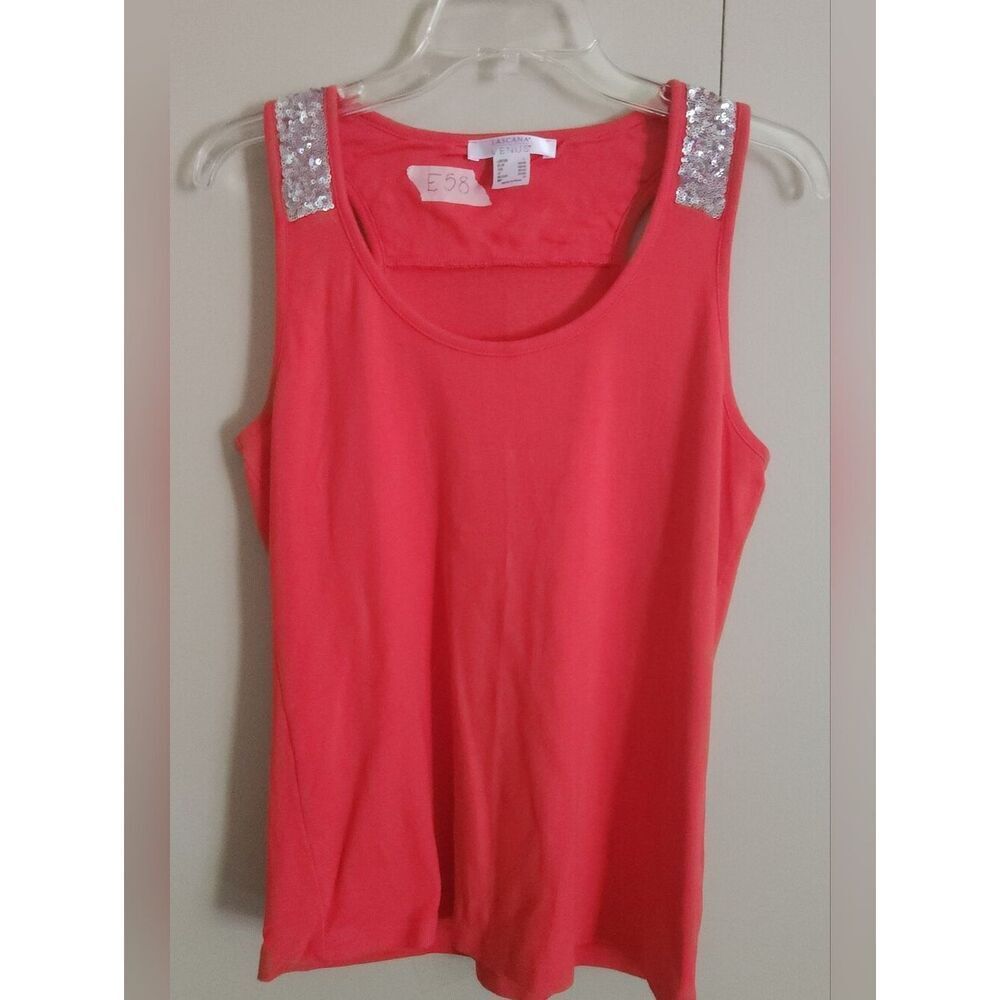 E58 Lascana for Venus Women's Coral Red Sequin-Trimmed Tank Top- Party